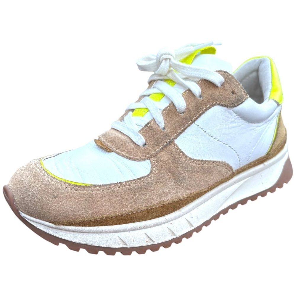Madewell Womans Sneakers Leather 7.5 White Tan Neon Yellow Kickoff Trainers - Picture 8 of 12
